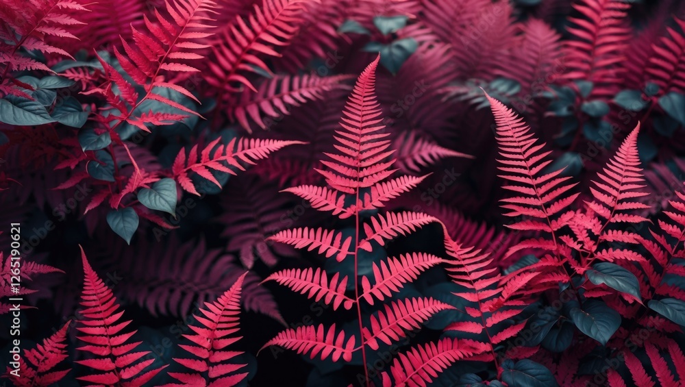 Poster vibrant red ferns in lush green foliage background with natural texture and patterns suitable for de