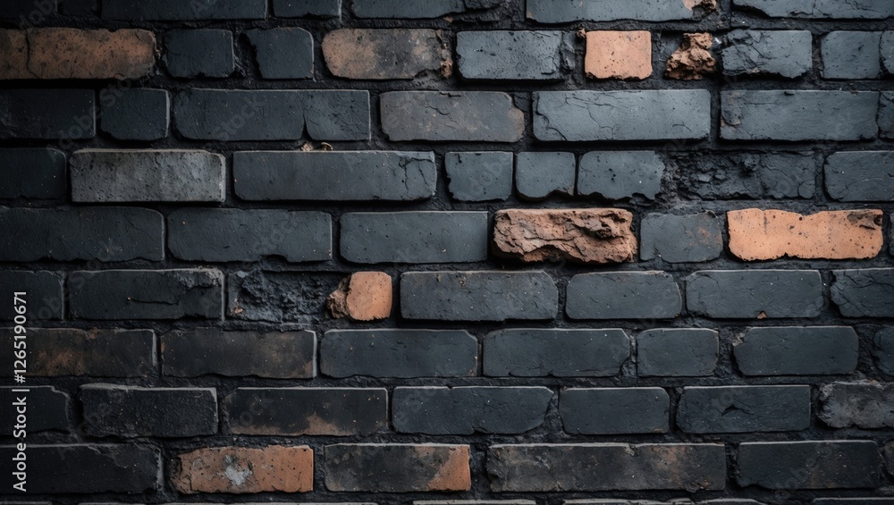 Poster deteriorated black and orange brick wall texture with uneven surface and rough appearance suitable f