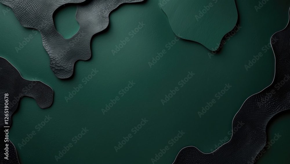 Poster textured black leather shapes on deep green background with copy space for design use