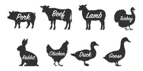Collection of silhouettes of farm animals and birds with captions- cow, pig, sheep, rabbit, chicken, duck, turkey, goose. Animals side view. Illustration on transparent background