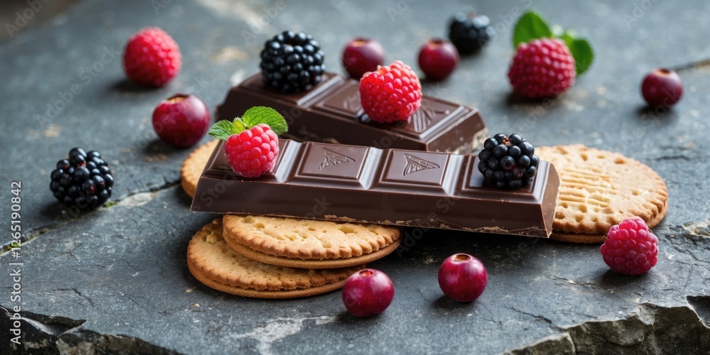 Poster chocolate bar with fresh berries and biscuits arranged on a stone surface with copy space for text