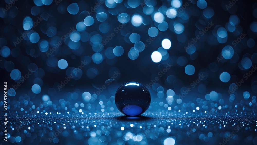 Poster blue bokeh background with a single glass ball in the foreground creating a reflective surface with 
