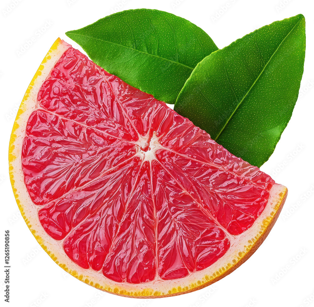 Poster red grapefruit slice with green leaves detailed close up view on transparent backdrop
