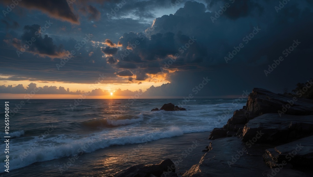 Poster sunset over rocky beach with dark clouds in the sky and waves crashing on the shore creating a drama