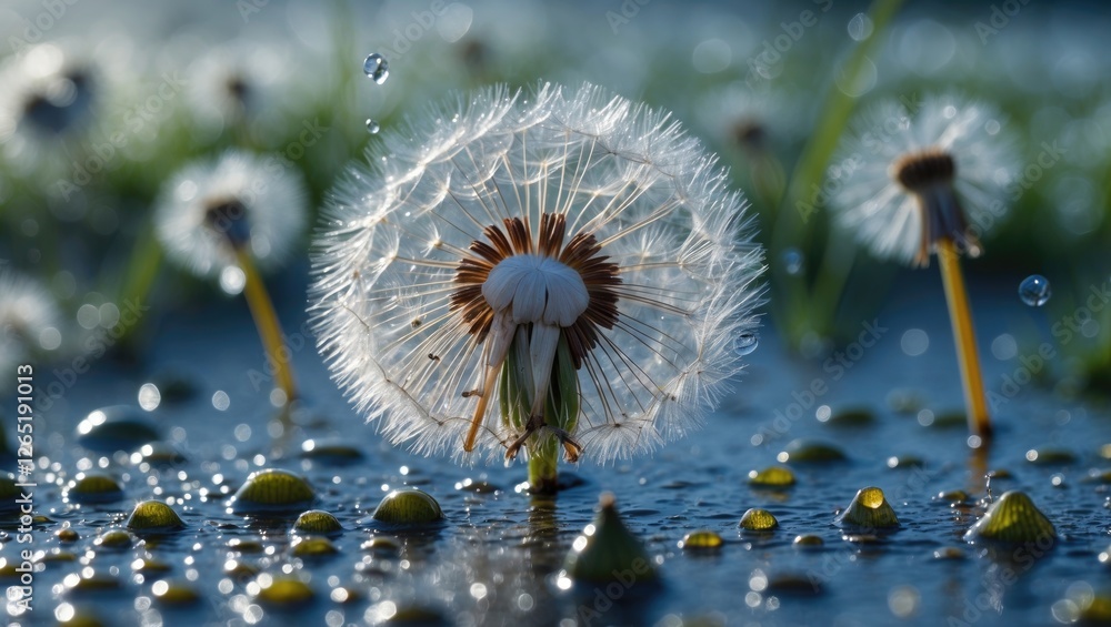 Poster dandelion seeds with droplets of water on a blurred background in natural setting with copy space