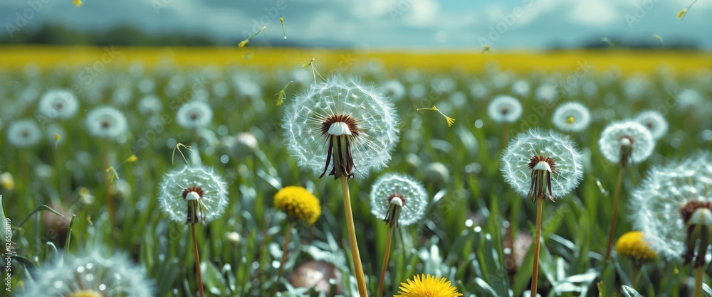 Poster field of dandelions and puffballs in bloom with vivid green grass and blurred background clouds and 