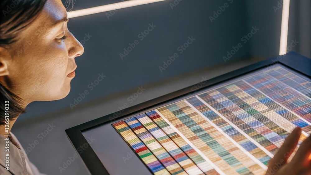 Aufkleber an illuminated holographic genome mapping interface casts a spectrum of colors on a researchers face