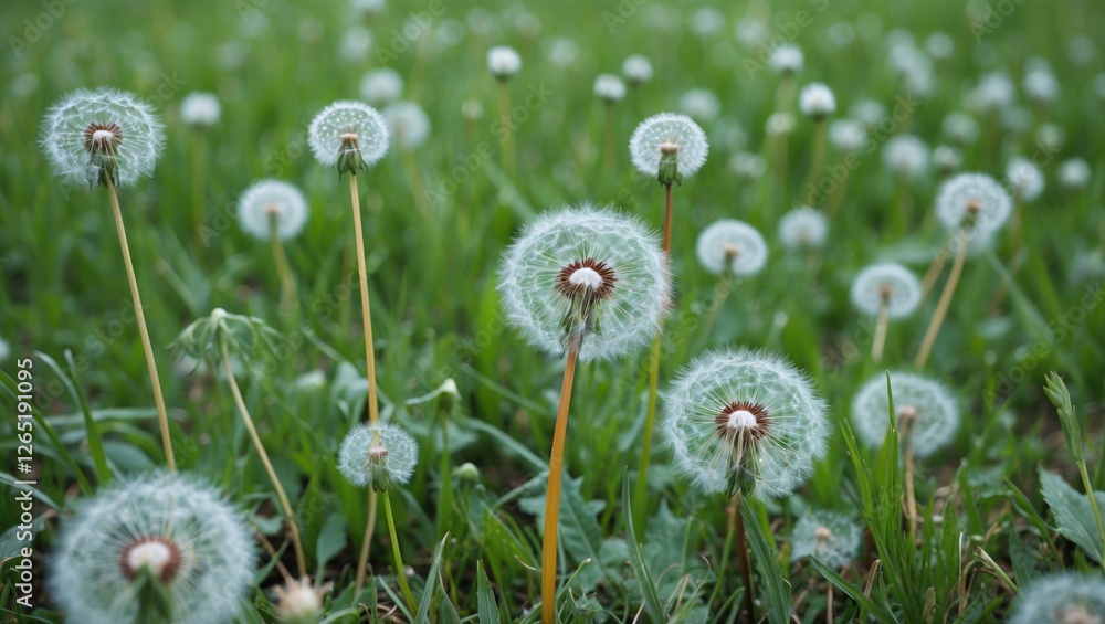 Poster field of dandelions in various stages of bloom with focus on seed heads and green grass background c