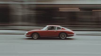 Red classic car speeding city street, motion blur background, transport