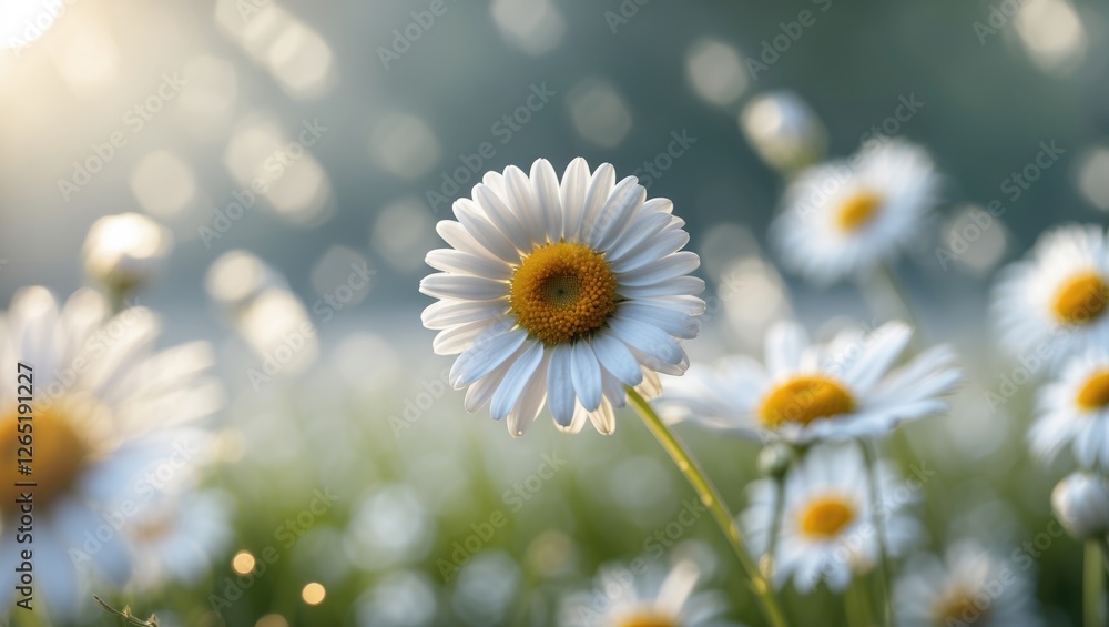 Poster close-up of a single daisy flower in a field with sunlight and blurred background bokeh effect copy 
