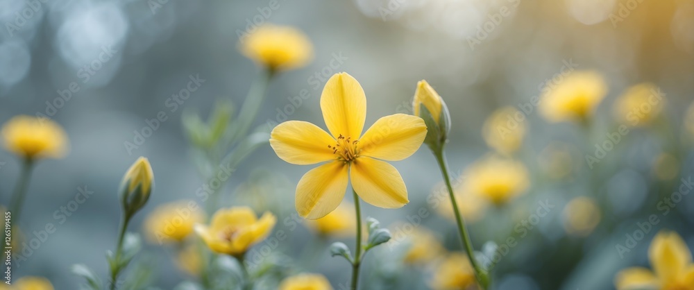 Poster yellow wildflowers in a natural setting with blurred background and soft lighting showing bloom and 