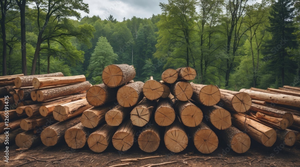 Poster stacked logs in a forest clearing with lush greenery in the background and overcast sky providing am