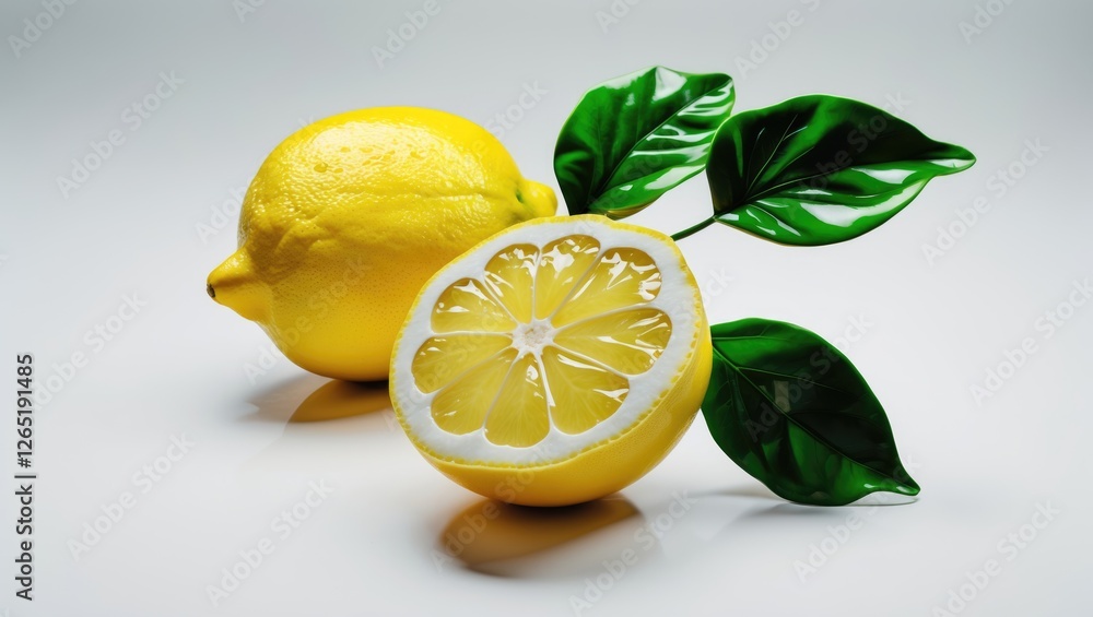 Poster fresh whole and sliced lemon with green leaves placed on a bright background with copy space for tex