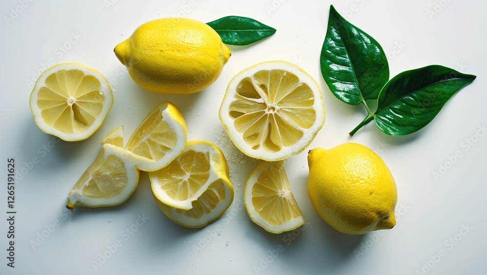 Poster fresh whole and sliced lemons with green leaves on a light background displaying vibrant colors and 