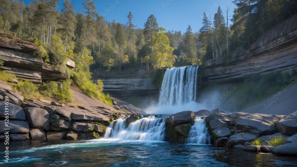 Poster waterfall cascading over rocky ledge surrounded by trees and mist with clear water pooling below in 