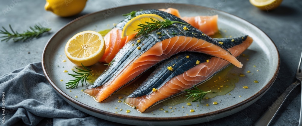 Poster fresh salmon fillets garnished with lemon slices and herbs on a grey plate with a rustic background 