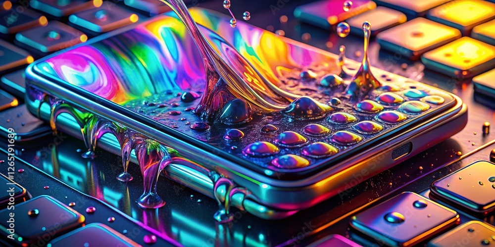 Poster surreal melting phone password screen with on-screen keyboard - abstract digital security concept