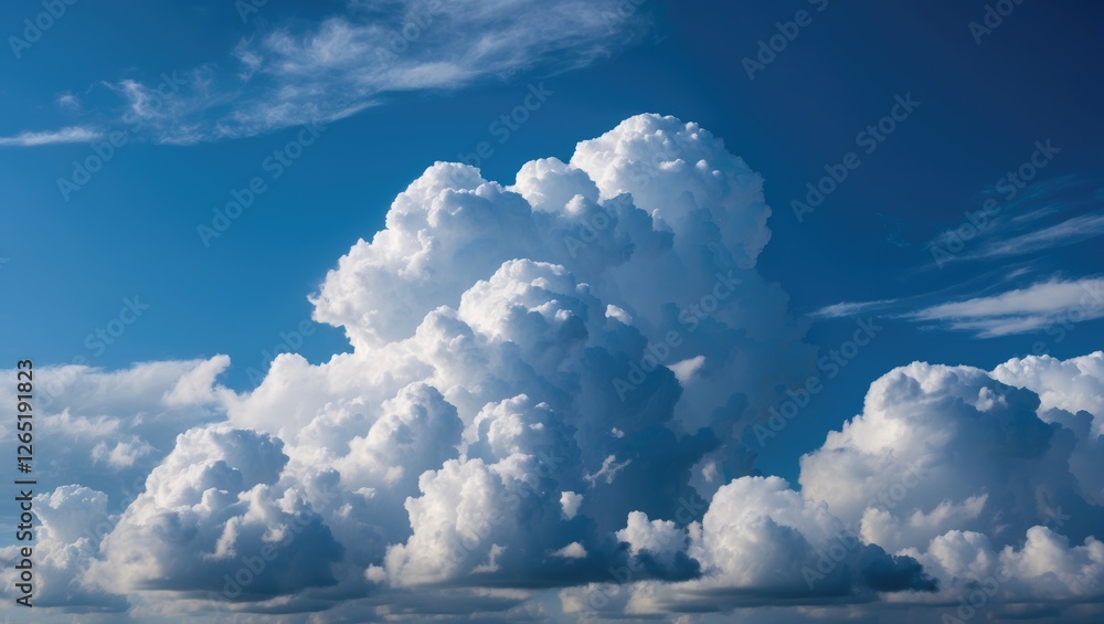 Poster fluffy white cumulus clouds in a clear blue sky with soft light and ample copy space for text placem