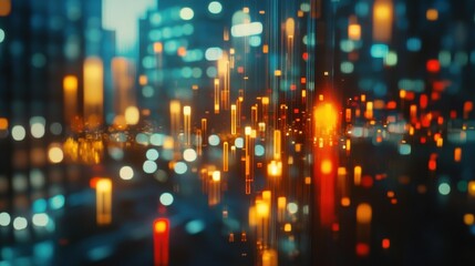 Creative glowing big data forex candlestick chart on blurry city background. Trade, technology, investment and analysis concept. Double exposure