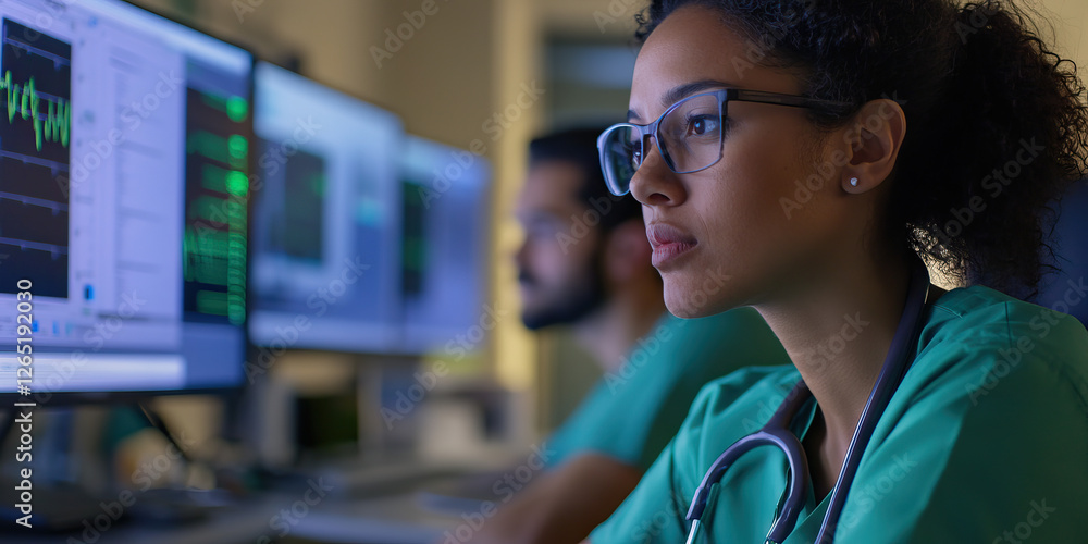 Poster healthcare professional analyzing data on multiple monitors