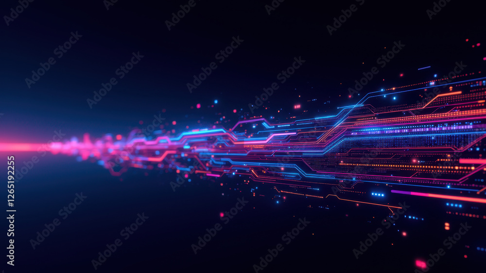 Poster futuristic digital tunnel with high-tech neon lights for ci/cd pipeline concept.