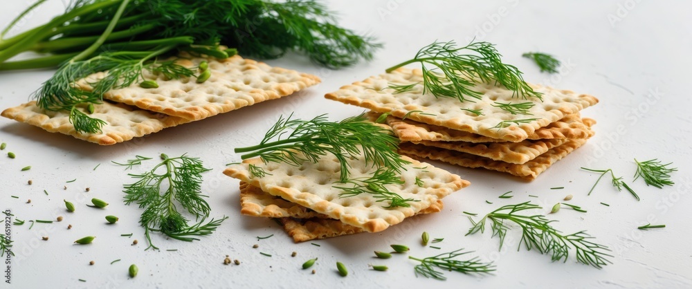 Poster crispy crackers with fresh dill and scattered herbs on a white surface with copy space for text plac