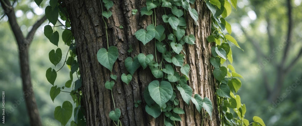 Poster close-up of tree bark with creeping green vines and heart-shaped leaves in a forest environment with