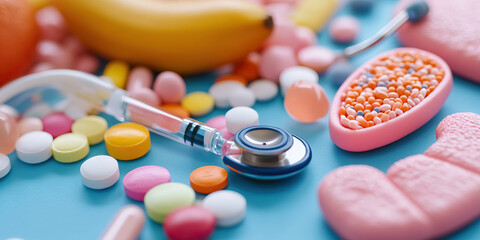 Assortment of Pills, Stethoscope, Syringe, and Anatomical Models on Blue Surface