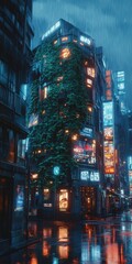 Obraz premium Rain-soaked city street, vibrant neon signs, lush building facade.