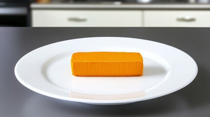 Bright orange block of cheese on a white plate in a modern kitchen setting