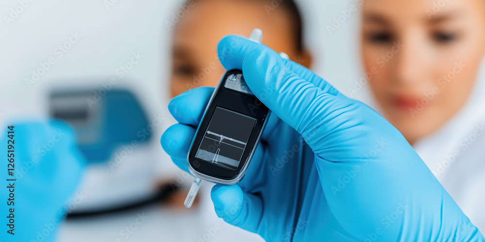 Poster close-up of hand in blue glove holding electronic device with graph display