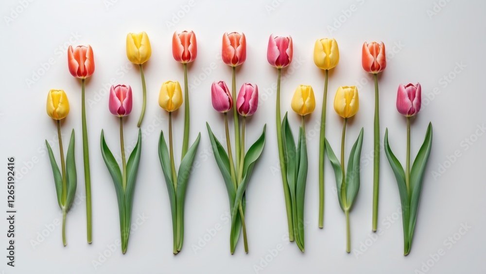 Poster colorful tulips arranged in a line on a light background with green leaves and ample copy space for 