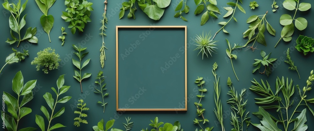 Poster assorted green leaves and plants arranged around an empty square frame on a dark green background wi