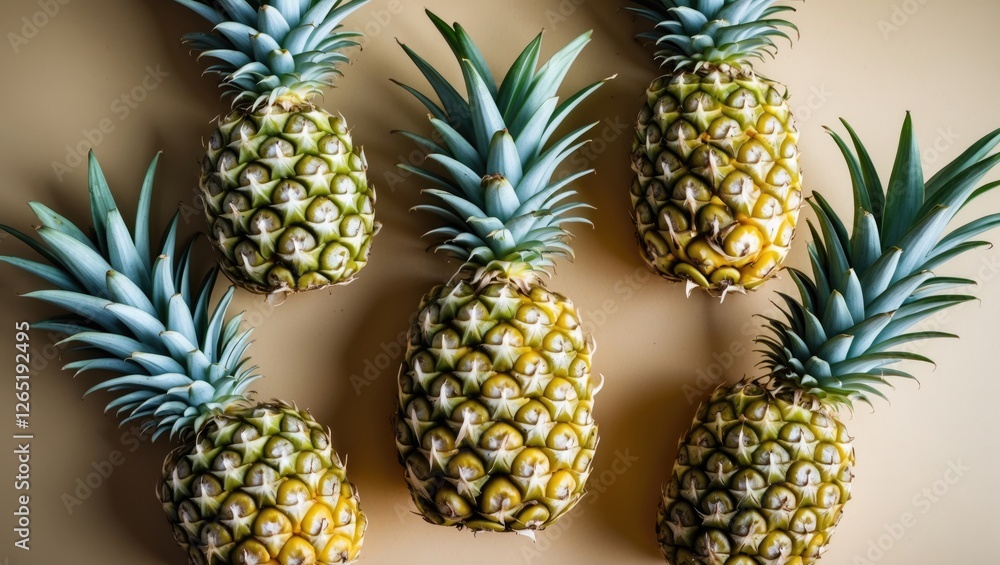 Poster group of fresh pineapples arranged on a neutral background with green leaves visible and natural lig