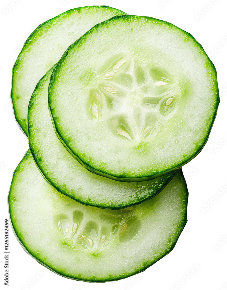 Poster sliced cucumber stacked neatly with transparent background showing fresh green texture