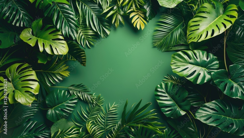Poster tropical green leaves frame on solid green background with empty center for text copy space