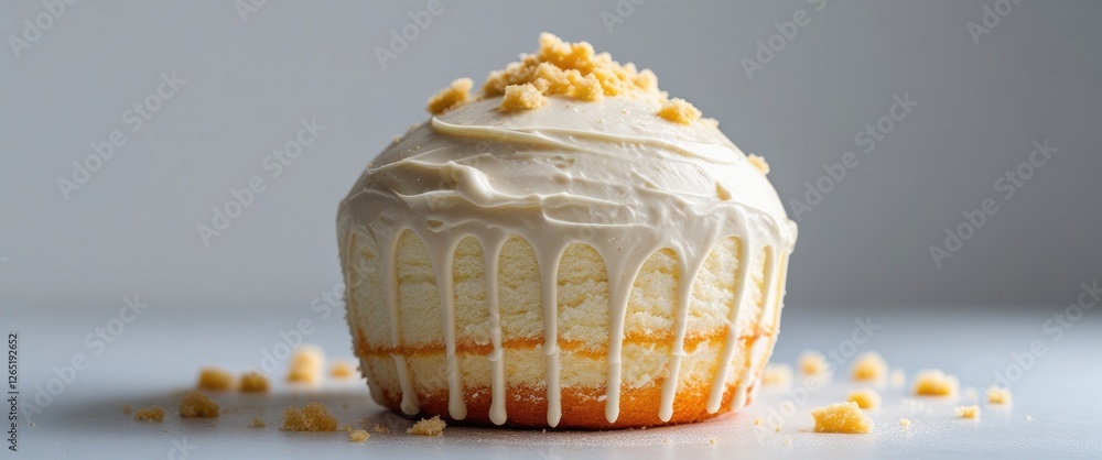Aufkleber vanilla cupcake with cream frosting and crumb topping on a white background with scattered crumbs an