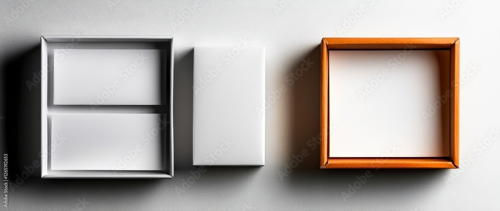 Poster minimalist arrangement of empty frames and boxes on a light background for creative display ideas