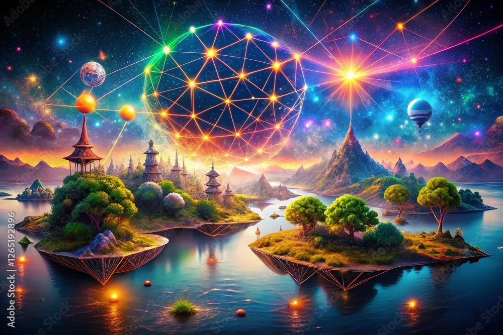 Poster surreal network hub: interconnected nodes in a dreamlike landscape
