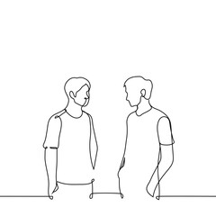 men standing next to each other with hands in pockets and looking at each other - one line art vector