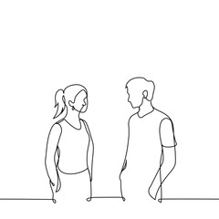 man and woman standing next to each other with hands in pockets and looking at each other - one line art vector