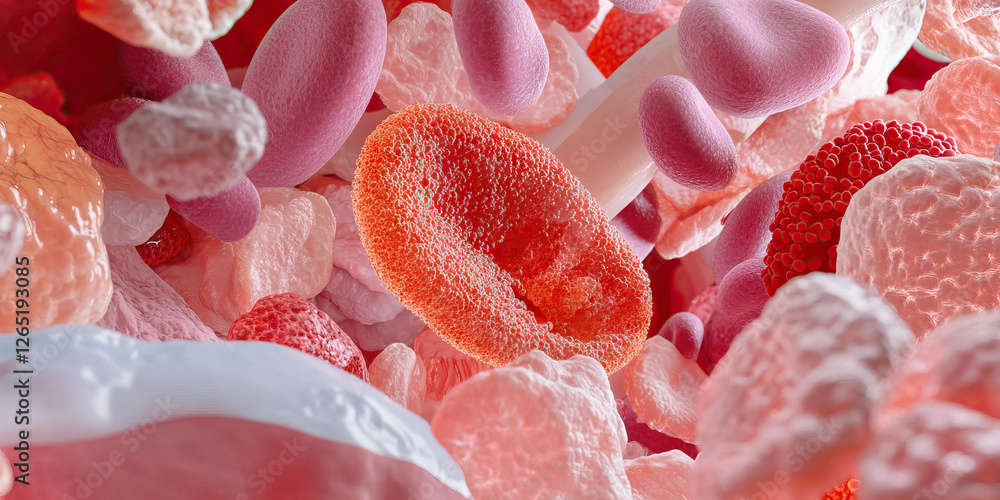 Poster microscopic image of cellular structures in pink and red hues