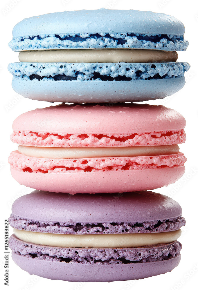 Poster stack of three colourful macarons isolated on a transparent background