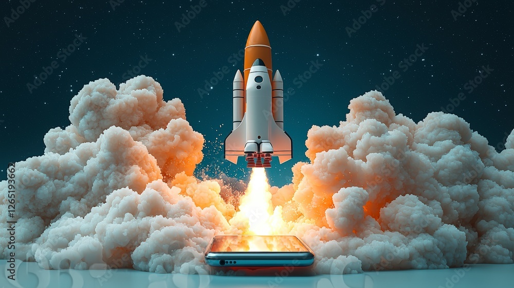 Aufkleber a whimsical scene depicting a rocket launching from a smartphone, surrounded by clouds and space ima