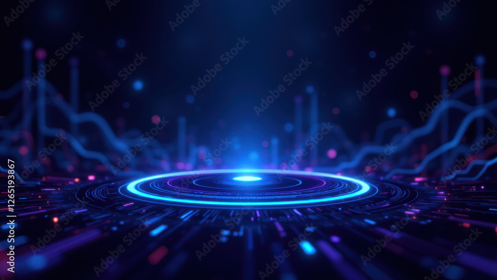 Poster futuristic tech scene with glowing blue hues and intricate digital designs, representing a concept f