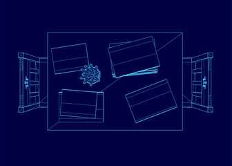 A blue table with a vase and a stack of papers. The table is surrounded by chairs