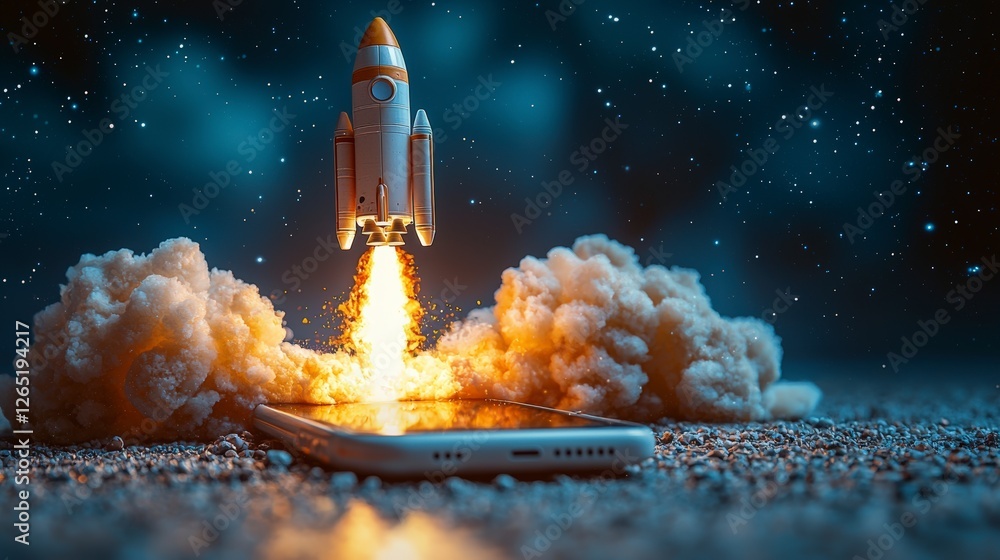 Aufkleber a captivating scene showing a rocket launching from a mobile phone screen, surrounded by dynamic smo
