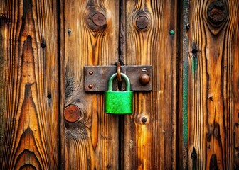 Secure Wooden Door, Green Padlock, Copy Space
