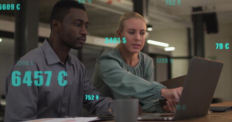 Image of data with currency symbols over diverse colleagues discussing work in office