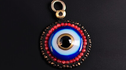Nazar Eye pendant with red beads and gold accents on dark background for evil protection concepts